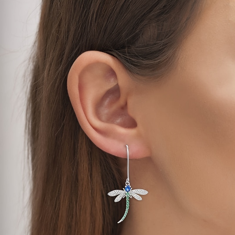 Dragonfly Drop Earrings with Green Zirconia Stone for Women